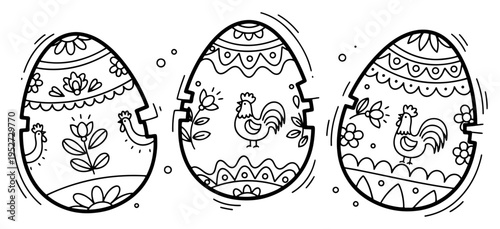 Easter egg puzzle pieces with floral patterns and rooster designs in clean line art style