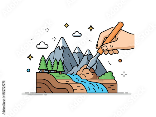 Diorama landscape creation small mountain terrain with miniature trees and river being carefully shaped by a hand holding sculpting tool. A detailed editorial