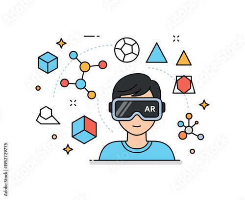 Immersive STEM education illustrated by a learner wearing AR glasses while geometric shapes and molecular symbols hover nearby, communicating innovation and