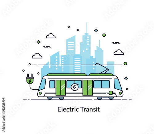 Green cities electric public transport concept featuring a compact tram silhouette with a small plug icon and city skyline behind, expressing clean commuting