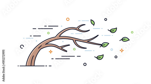 Tree branches in wind illustrated with slender curved limbs bending gently to one side, accented by subtle motion lines and a few drifting leaves. A compact