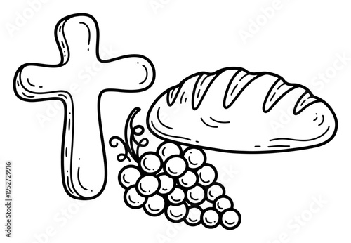 Christian cross loaf of bread and bunch of grapes for holy communion in hand drawn doodle style