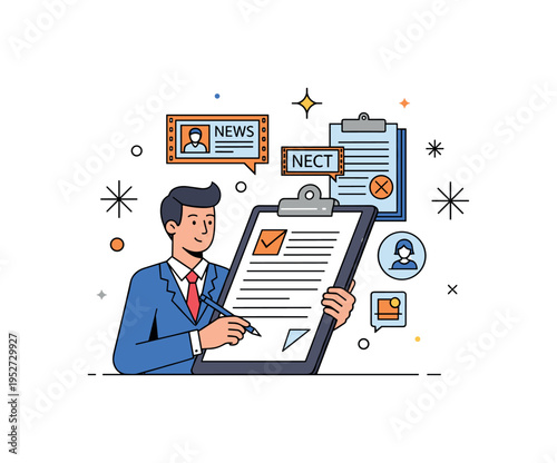 Reporter writing on a clipboard with news footage icons and abstract decorative stars, highlighting journalistic integrity, fact-checking, and