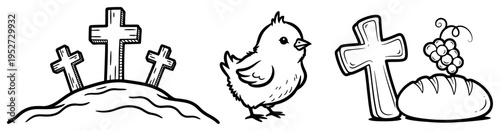 Religious icons including Calvary crosses baby chick and communion elements in hand drawn doodle style