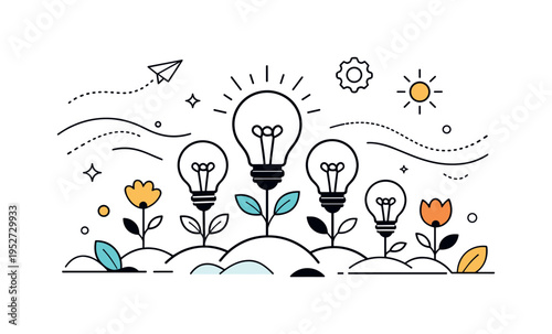 Creative energy landscape. Lightbulbs blooming like flowers in a stylized garden, soft light and balanced composition conveying imagination at work. Abstract