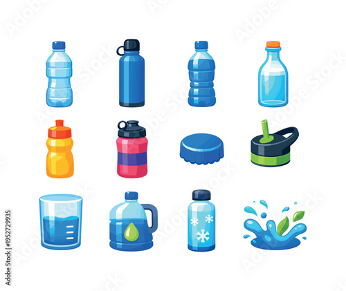 WaterBottle. Colorful flat vector icons set of WaterBottle: clear bottle, metal bottle, plastic bottle, glass bottle, squeeze bottle, gym bottle, bottle cap,