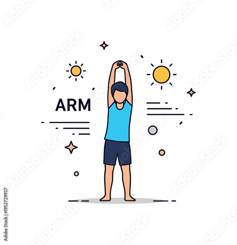 Arm stretch morning warm up routine illustrated by a single standing figure gently raising one arm overhead, expressing flexibility and calm body awareness. A