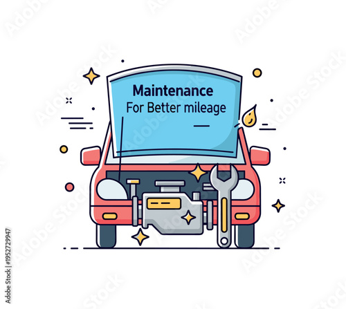 Car maintenance for better mileage open hood with a clean engine icon and small wrench accent, conveying routine checkups that improve fuel performance.