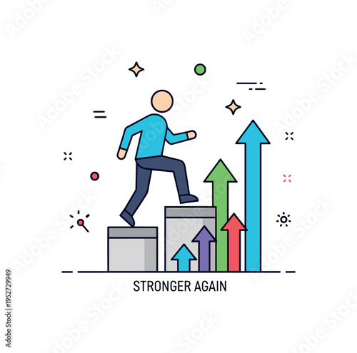 Personal comeback concept illustrated by a figure stepping upward onto a higher platform with rising arrow accents. A small ?Stronger Again? caption reinforces