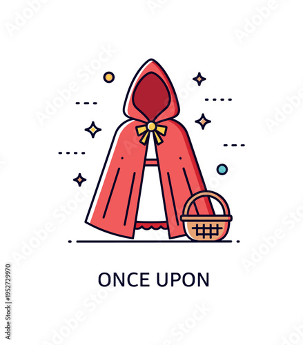 Fairy tale costumes little red riding hood inspired cloak with a flowing cape and small basket placed beside it, capturing innocence and classic storytelling