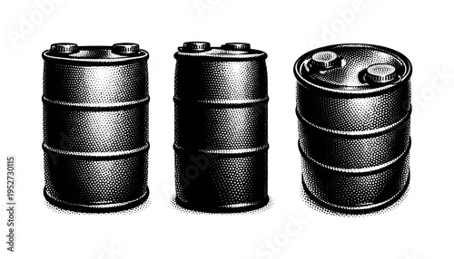 Plastic chemical storage barrel shown in three views: front view, side profile, and perspective view highlighting the ribbed cylindrical body and screw cap
