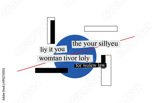 Black and white torn lyric fragments arranged in layered collage pieces, bright cobalt blue circle partially hidden beneath the text fragments, thin red