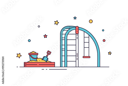 Outdoor play area concept showing a sandbox with a tiny bucket and shovel beside a curved climbing frame, symbolizing creativity and active exploration. The