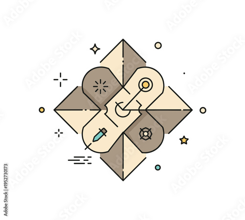 Timeless neutral design badge illustrated by intersecting geometric shapes in ivory and stone shades with subtle sparkle accents, representing durability and