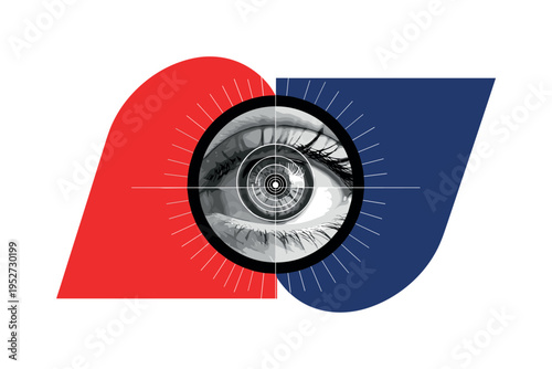 Black and white human eye reflected in a smartphone screen, sharp radial beams and fragmented geometric blocks expanding from the reflection, orange and cobalt