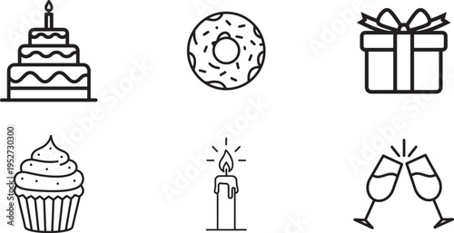 A collection of black and white line art icons depicting various birthday and celebration themes