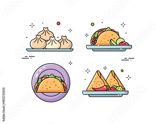 Street food from around the world with small plates of dumplings, tacos, and samosas, with tiny decorative stars emphasizing cultural variety and flavor