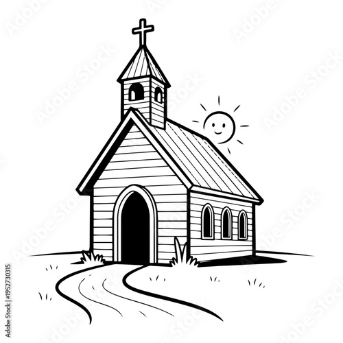 Small wooden church with country path and smiling sun in doodle line art style