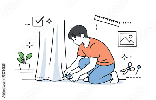 Measuring and adjusting curtain length. Person carefully checks the hemline with a small measuring tape while holding soft lightweight fabric in place. Calm