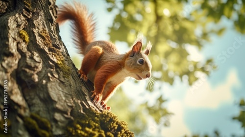 A photo of a squirrel climbing a tree.