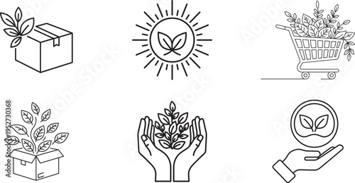 Set of six linear icons representing sustainable shopping and eco-friendly consumer practices
