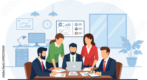Business team meeting in modern office with flat design for corporate branding