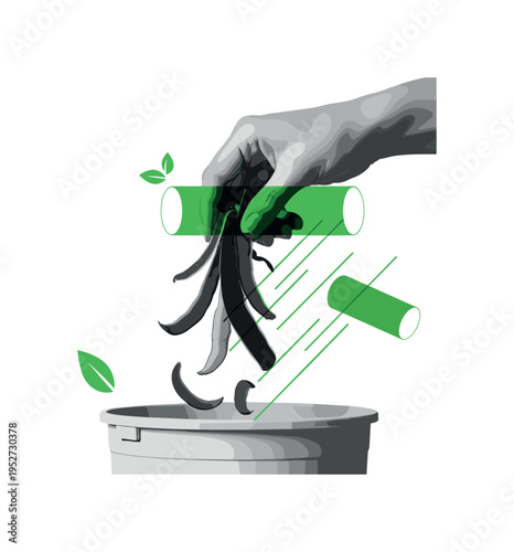 Close-up black and white hand dropping vegetable peels into a compost container, overlaid with green cylindrical shapes and diagonal motion lines suggesting