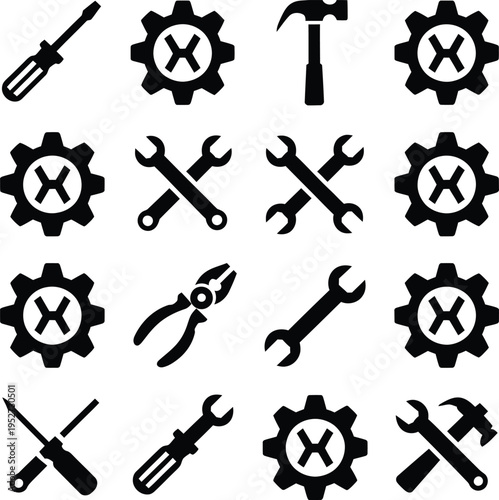Black Tools Icons Set with Gears on White Background