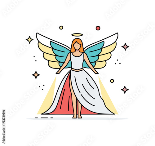 Stage performance angel attire illustrated by a flowing costume with layered wing shapes and spotlight accents, conveying drama and artistic expression. The