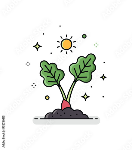 Rhubarb in spring garden tall leafy plant growing from dark soil with a small sun icon above. A bright micro scene expressing early season growth and homegrown