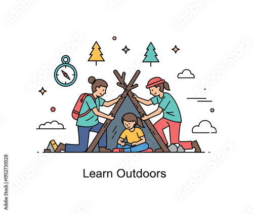 Teen wilderness survival training illustrated through a compact scene of young figures building a simple shelter from branches. A small compass icon and gentle