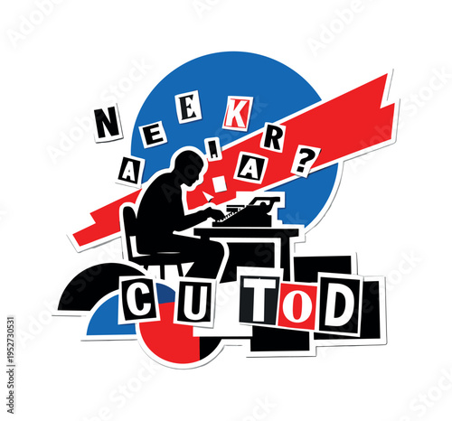 Black and white silhouette seated at a desk with scattered cut-out magazine letters floating around the figure, bold blue circular halo behind the upper