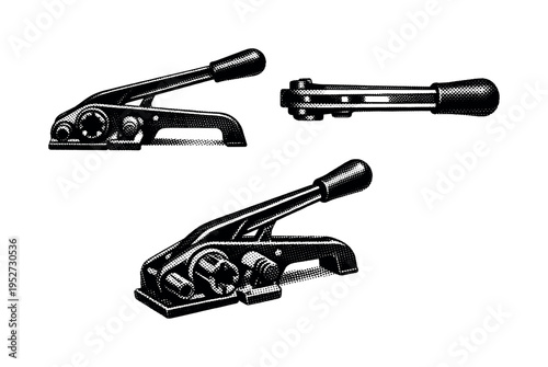 Packaging strapping tensioner tool shown in three views: side view displaying the tensioning wheel and frame, top view of the handle structure, and perspective