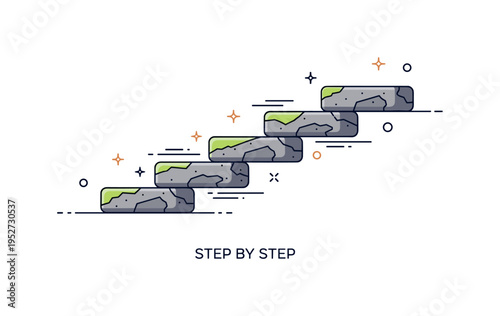 Stone steps weathered staircase scene with a small sequence of uneven stone blocks rising gently upward, expressing gradual progress and timeless endurance. A