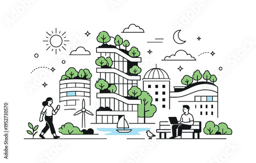 Biocentric urban architecture vision. A modern city scene where buildings and nature coexist in balance, with trees integrated into facades and rooftops. Calm