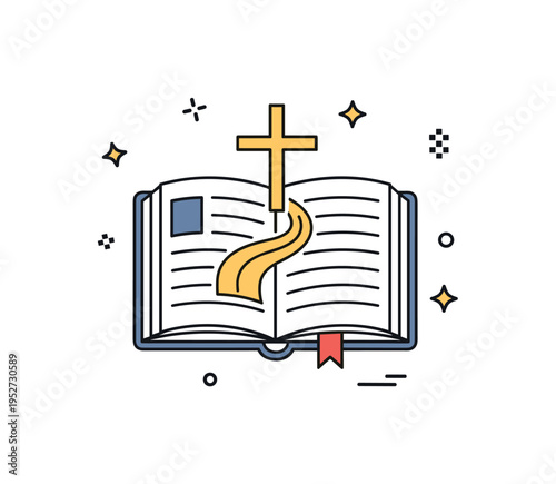 Faith and guidance theme featuring an open scripture book with a small pathway icon emerging from its pages, symbolizing direction and moral clarity. The scene