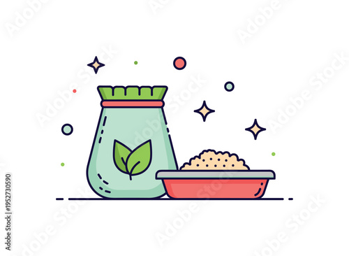 Eco friendly litter cleaning scene with a biodegradable bag icon and simple litter tray expressing sustainable pet care choices. The compact badge composition