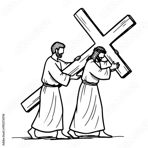 Bilde på lerret Jesus Christ carrying heavy wooden cross with Simon of Cyrene in hand drawn line