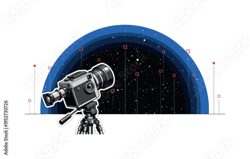 Realistic monochrome camera on tripod pointed upward at dense star field, highlighted by a blue semicircle positioned above and small red square accents