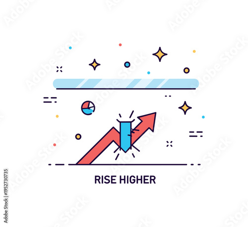 Career advancement breakthrough scene centered on a rising arrow piercing a thin glass layer overhead. A compact ?Rise Higher? text detail emphasizes ambition,