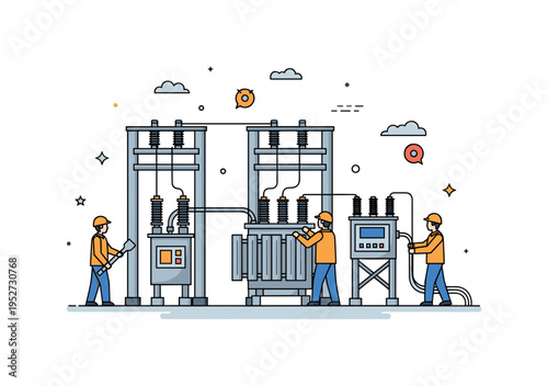 A team of workers connecting transformers and cables at an energy substation, highlighting technical skill, collaboration, and energy infrastructure