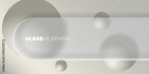 Abstract background with glass morphism effects with a matte translucent oval panel and creamy beige spheres hovering on a soft light gradient background. 