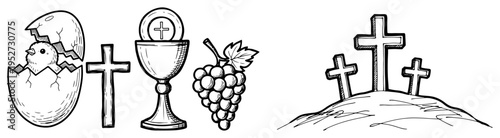 Religious easter icons set with cross chick and eucharist symbols in hand drawn doodle style