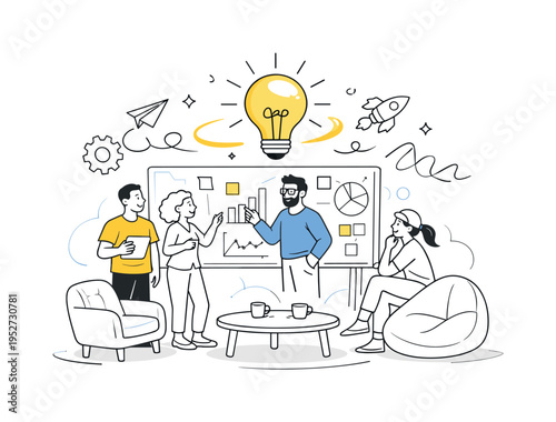 Creative coworking space with collaborative vibe. Diverse team standing near a glass board with charts and sticky notes, lightbulb glowing above, abstract
