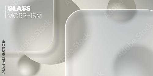 A banner with glass morphism effects with matte translucent panels and creamy beige spheres hovering on a soft, light gradient background. Modern design for user interfaces and websites.