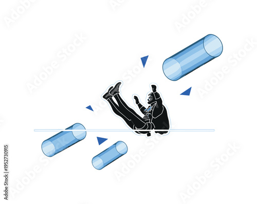 Realistic monochrome parachute diver landing with legs extended toward the ground, layered with floating blue cylindrical shapes and minimal square accents