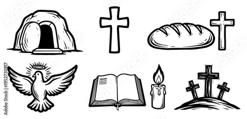 Set of Christian religious icons for Easter and worship in doodle line art style