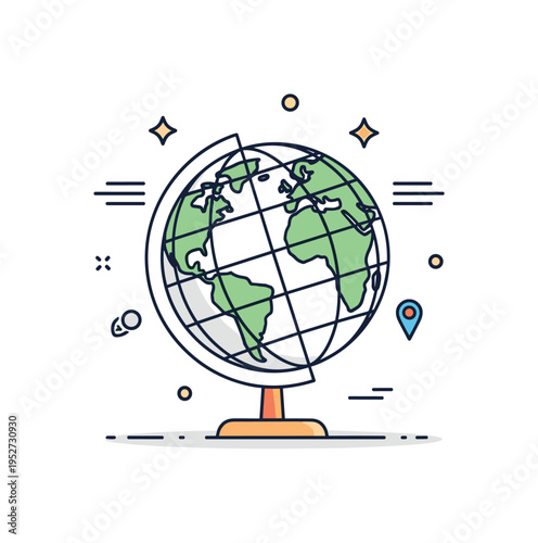 World map sphere stylized globe on a small stand with subtle latitude and longitude lines, symbolizing geography education and curiosity about the planet.