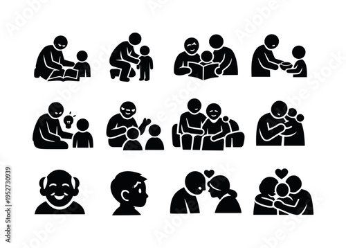 Generational Bonding. Solid icon set of Generational Bonding: grandparent teaching child, parent guiding kid, shared memories, passing tradition, wisdom