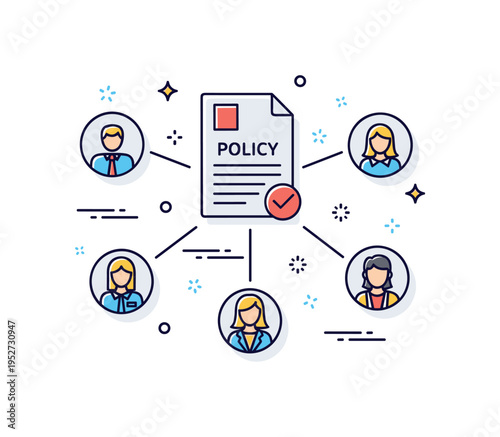 Corporate governance structure represented by a central policy document connected with thin lines to icons of employees, executives, and